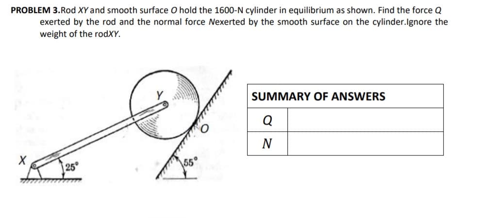 PROBLEM 3.Rod XY and smooth surface O hold the 1600-N cylinder in equilibrium as shown. Find the force Q
exerted by the rod and the normal force Nexerted by the smooth surface on the cylinder.Ignore the
weight of the rodXY.
SUMMARY OF ANSWERS
Q
N
25
55
