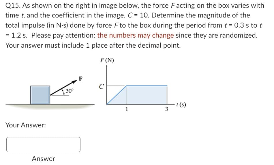 Q15. As shown on the right in image below, the force Facting on the box varies with
time t, and the coefficient in the image, C = 10. Determine the magnitude of the
total impulse (in N.s) done by force F to the box during the period from t = 0.3 s to t
= 1.2 s. Please pay attention: the numbers may change since they are randomized.
Your answer must include 1 place after the decimal point.
F (N)
Your Answer:
Answer
30°
F
C
1
3
t(s)