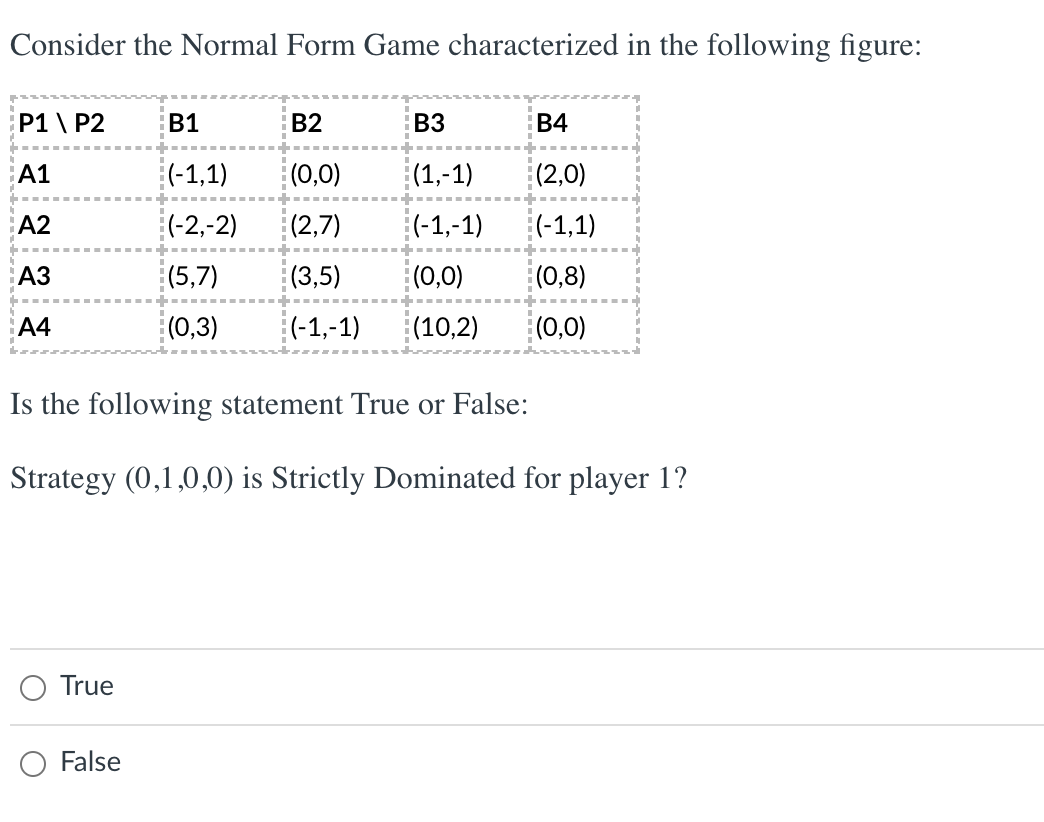 Consider the Normal Form Game characterized in the following figure:
P1 \ P2
A1
A2
A3
A4
Is the following statement True or False:
Strategy (0,1,0,0) is Strictly Dominated for player 1?
True
B1
B2
B3
B4
(-1,1)
(0,0)
(1,-1) (2,0)
(-2,-2)
(2,7)
(-1,-1)
(-1,1)
(5,7)
(3,5)
(0,0)
(0,8)
(0,3) (-1,-1) (10,2)
(0,0)
False
