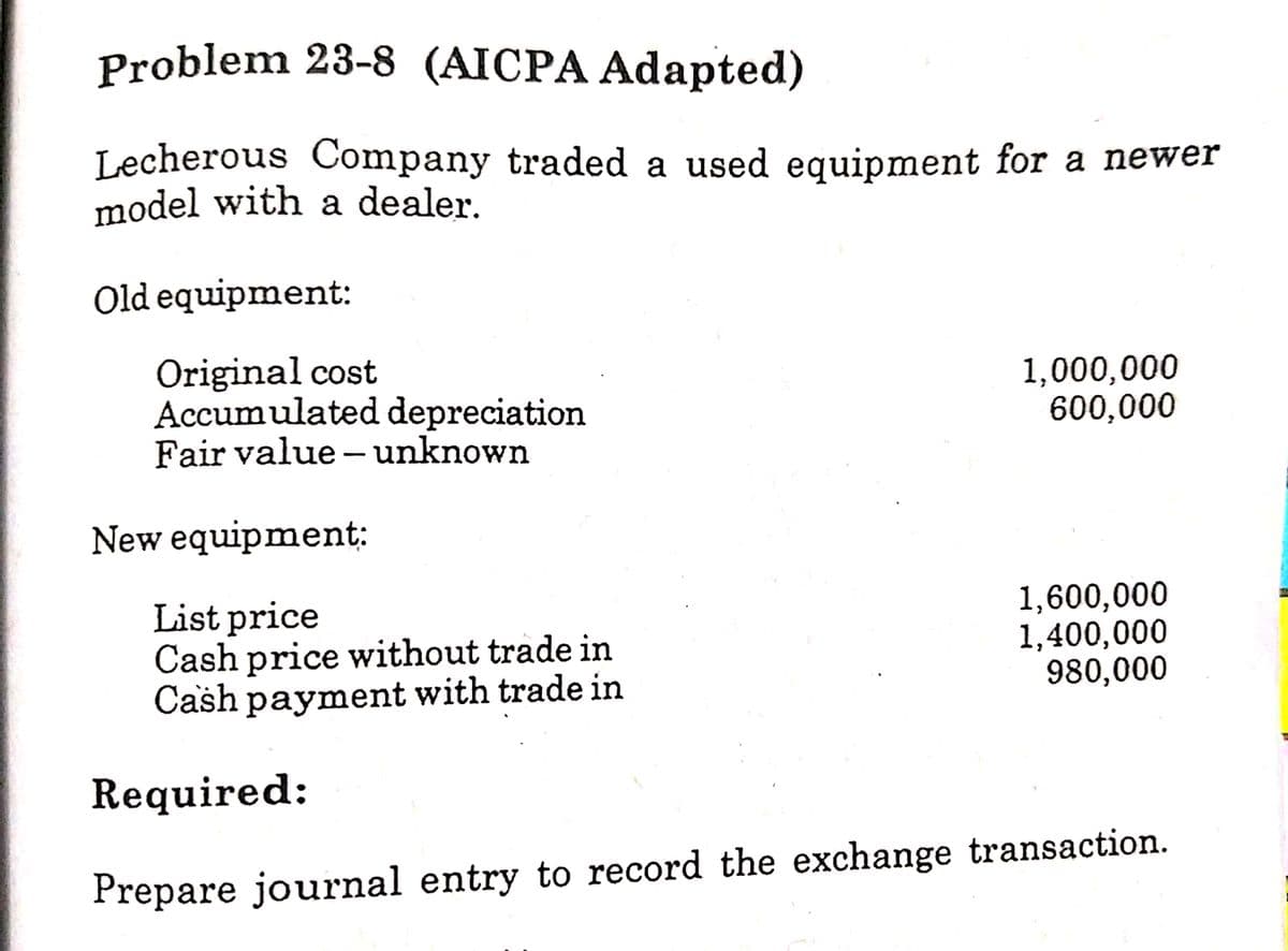 Problem 23-8 (AICPA Adapted)
Lecherous Company traded a used equipment for a newer
model with a dealer.
Old equipment:
Original cost
Accumulated depreciation
Fair value - unknown
1,000,000
600,000
New equipment:
List price
Cash price without trade in
Cash payment with trade in
1,600,000
1,400,000
980,000
Required:
Prepare journal entry to record the exchange transaction.
