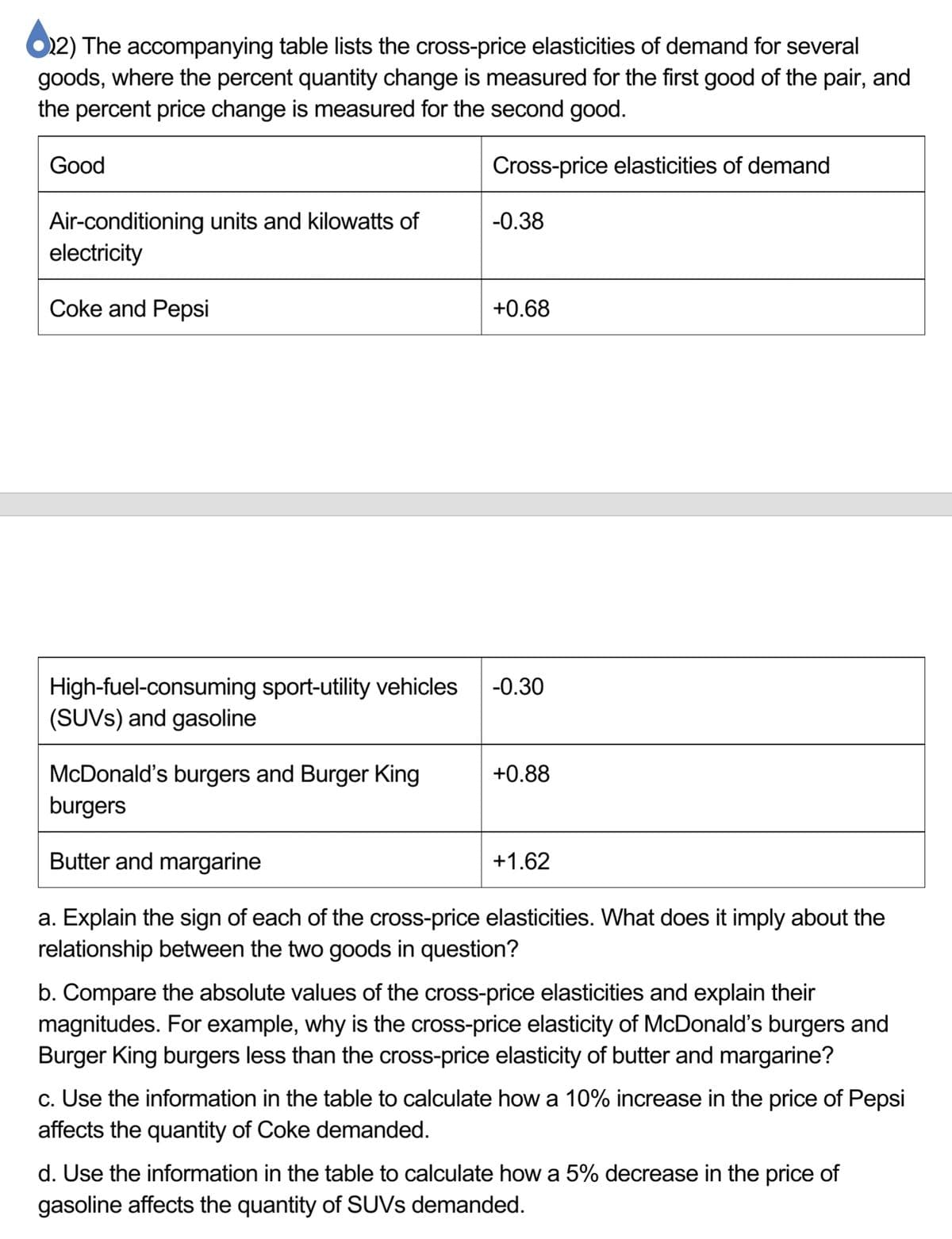 622) The accompanying table lists the cross-price elasticities of demand for several
goods, where the percent quantity change is measured for the first good of the pair, and
the percent price change is measured for the second good.
Cross-price elasticities of demand
Good
Air-conditioning units and kilowatts of
electricity
Coke and Pepsi
-0.38
+0.68
High-fuel-consuming sport-utility vehicles -0.30
(SUVS) and gasoline
McDonald's burgers and Burger King
burgers
Butter and margarine
a. Explain the sign of each of the cross-price elasticities. What does it imply about the
relationship between the two goods in question?
+0.88
+1.62
b. Compare the absolute values of the cross-price elasticities and explain their
magnitudes. For example, why is the cross-price elasticity of McDonald's burgers and
Burger King burgers less than the cross-price elasticity of butter and margarine?
c. Use the information in the table to calculate how a 10% increase in the price of Pepsi
affects the quantity of Coke demanded.
d. Use the information in the table to calculate how a 5% decrease in the price of
gasoline affects the quantity of SUVS demanded.
