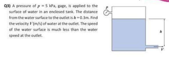 Q3) A pressure of p = 5 kPa, gage, is applied to the
surface of water in an enclosed tank. The distance
from the water surface to the outlet is h=0.3m. Find
the velocity V (m/s) of water at the outlet. The speed
of the water surface is much less than the water
speed at the outlet.
