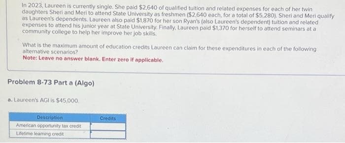 In 2023, Laureen is currently single. She paid $2,640 of qualified tuition and related expenses for each of her twin
daughters Sheri and Meri to attend State University as freshmen ($2,640 each, for a total of $5,280). Sheri and Meri qualify
as Laureen's dependents. Laureen also paid $1,870 for her son Ryan's (also Laureen's dependent) tuition and related
expenses to attend his junior year at State University. Finally, Laureen paid $1,370 for herself to attend seminars at a
community college to help her improve her job skills.
What is the maximum amount of education credits Laureen can claim for these expenditures in each of the following
alternative scenarios?
Note: Leave no answer blank. Enter zero if applicable.
Problem 8-73 Part a (Algo)
a. Laureen's AGI is $45,000.
Description
American opportunity tax credit
Lifetime learning credit
Credits