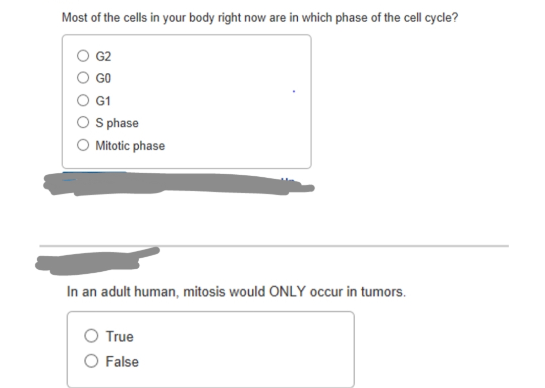 Most of the cells in your body right now are in which phase of the cell cycle?
G2
GO
G1
S phase
Mitotic phase
In an adult human, mitosis would ONLY occur in tumors.
True
O False
