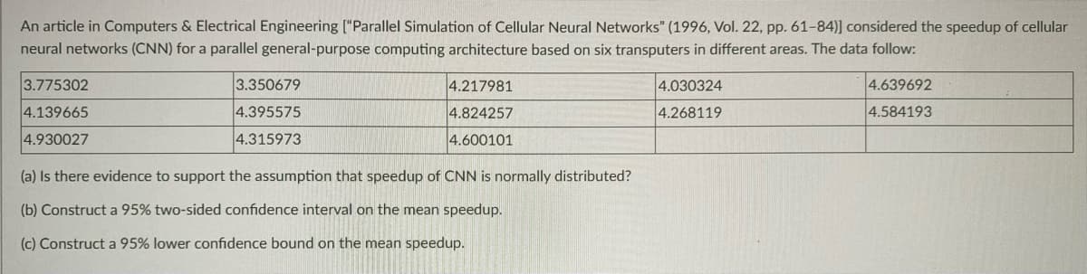 An article in Computers & Electrical Engineering ["Parallel Simulation of Cellular Neural Networks" (1996, Vol. 22, pp. 61-84)] considered the speedup of cellular
neural networks (CNN) for a parallel general-purpose computing architecture based on six transputers in different areas. The data follow:
3.775302
3.350679
4.217981
4.030324
4.639692
4.139665
4.395575
4.824257
4.268119
4.584193
4.930027
4.315973
4.600101
(a) Is there evidence to support the assumption that speedup of CNN is normally distributed?
(b) Construct a 95% two-sided confidence interval on the mean speedup.
(c) Construct a 95% lower confidence bound on the mean speedup.
