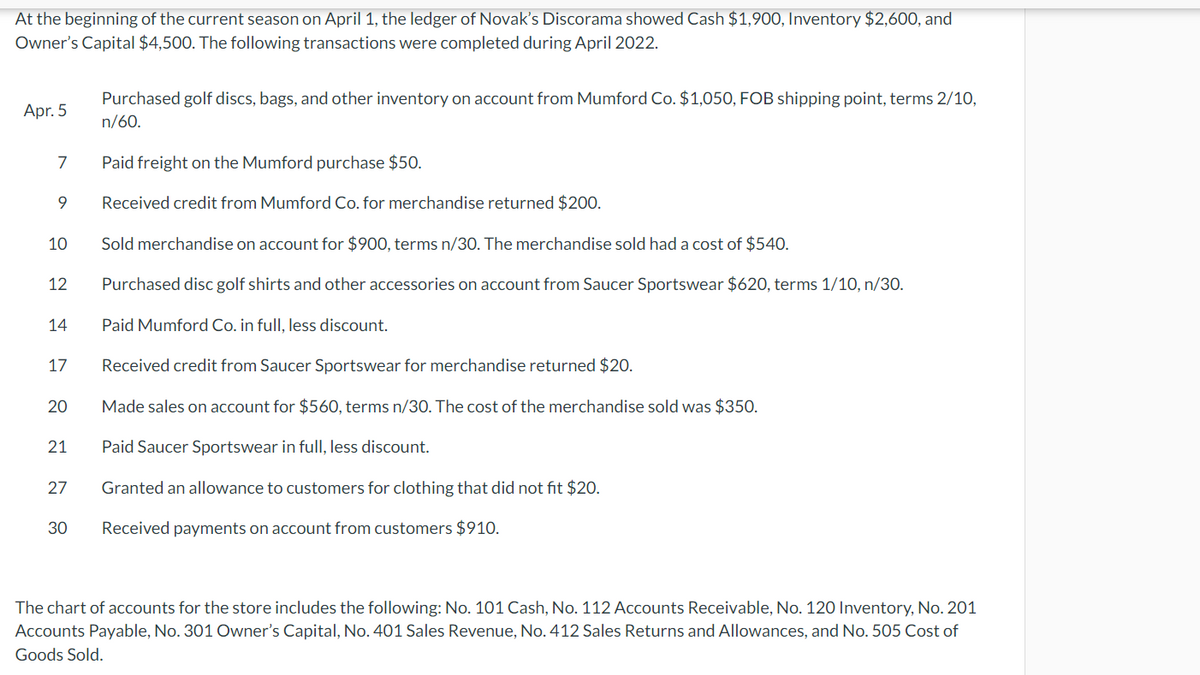 At the beginning of the current season on April 1, the ledger of Novak's Discorama showed Cash $1,900, Inventory $2,600, and
Owner's Capital $4,500. The following transactions were completed during April 2022.
Apr. 5
7
9
10
12
14
17
20
21
27
30
Purchased golf discs, bags, and other inventory on account from Mumford Co. $1,050, FOB shipping point, terms 2/10,
n/60.
Paid freight on the Mumford purchase $50.
Received credit from Mumford Co. for merchandise returned $200.
Sold merchandise on account for $900, terms n/30. The merchandise sold had a cost of $540.
Purchased disc golf shirts and other accessories on account from Saucer Sportswear $620, terms 1/10, n/30.
Paid Mumford Co. in full, less discount.
Received credit from Saucer Sportswear for merchandise returned $20.
Made sales on account for $560, terms n/30. The cost of the merchandise sold was $350.
Paid Saucer Sportswear in full, less discount.
Granted an allowance to customers for clothing that did not fit $20.
Received payments on account from customers $910.
The chart of accounts for the store includes the following: No. 101 Cash, No. 112 Accounts Receivable, No. 120 Inventory, No. 201
Accounts Payable, No. 301 Owner's Capital, No. 401 Sales Revenue, No. 412 Sales Returns and Allowances, and No. 505 Cost of
Goods Sold.