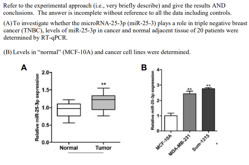Refer to the experimental approach (i.e., very briefly describe) and give the results AND
conclusions. The answer is incomplete without reference to all the data including controls.
(A) To investigate whether the microRNA-25-3p (miR-25-3) plays a role in triple negative breast
cancer (TNBC), levels of miR-25-3p in cancer and normal adjacent tissue of 20 patients were
determined by RT-qPCR.
(B) Levels in "normal" (MCF-10A) and cancer cell lines were determined.
A
B
Relative miR-25-3p expression
1.5-
1.0-
0.5-
0.0-
Normal
Tumor
Relative miR-25-3p expression
ल
ल
MCF-10A
MDA-MB-231
Sum-1315