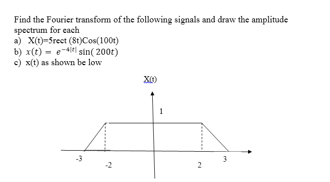Find the Fourier transform of the following signals and draw the amplitude
spectrum for each
a) X(t)=5rect (8t)Cos(100t)
b) x(t) = e-4lt| sin( 200t)
c) x(t) as shown be low
1
-3
3
-2
2
