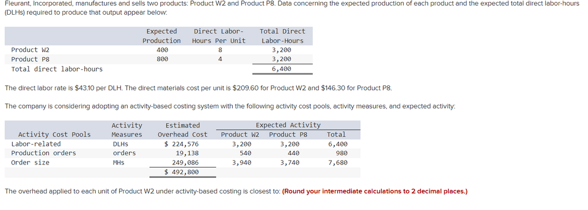 Fleurant, Incorporated, manufactures and sells two products: Product W2 and Product P8. Data concerning the expected production of each product and the expected total direct labor-hours
(DLHS) required to produce that output appear below:
Product W2
Product P8
Total direct labor-hours
Expected
Production
400
800
Activity Cost Pools
Labor-related
Production orders
Order size
Direct Labor-
Hours Per Unit
8
4
The direct labor rate is $43.10 per DLH. The direct materials cost per unit is $209.60 for Product W2 and $146.30 for Product P8.
The company is considering adopting an activity-based costing system with the following activity cost pools, activity measures, and expected activity:
Expected Activity
Estimated
Overhead Cost
Activity
Measures
DLHS
orders
MHS
$ 224,576
19, 138
249,086
$ 492,800
The overhead applied to each unit of Product W2 under activity-based costing is closest to: (Round your intermediate calculations to 2 decimal places.)
Total Direct
Labor-Hours
3,200
3,200
6,400
Product W2 Product P8
3,200
540
3,940
3,200
440
3,740
Total
6,400
980
7,680