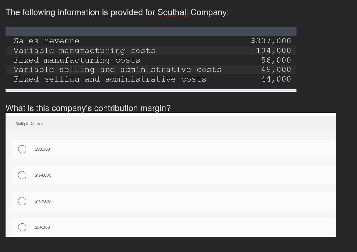 The following information is provided for Southall Company:
Sales revenue
Variable manufacturing costs
Fixed manufacturing costs
Variable selling and administrative costs
Fixed selling and administrative costs
What is this company's contribution margin?
Multiple Choice
$98,000
$154,000
$147,000
$54,000
$307,000
104,000
56,000
49,000
44,000