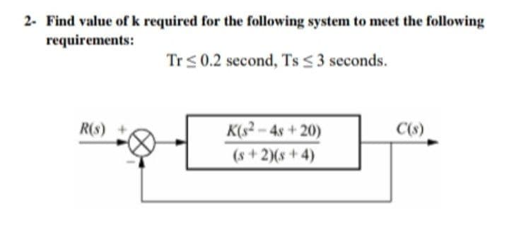 2- Find value of k required for the following system to meet the following
requirements:
Trs 0.2 second, Ts <3 seconds.
R(s)
K(s2 - 4s+20)
C(s)
(s+2)(s+4)
