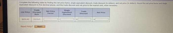 Complete the following table by finding the net price factor, single equivalent discount, trade discount (in dollars), and net price (in dollars). Round the net price factor and single
equivalent discount to five decimal places, and the trade discount and net price to the nearest cent, when necessary
List Price
$650.00
Trade
Discount
Rate
33/15/5
Need Help? Plaadit
Net Price
Factor
Single
Equivalent
Discount
Trade
Discount
Net Price