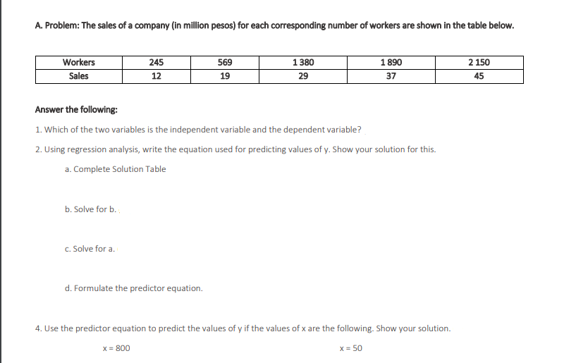 A. Problem: The sales of a company (in million pesos) for each corresponding number of workers are shown in the table below.
Workers
245
569
1380
1 890
2 150
Sales
12
19
29
37
45
Answer the following:
1. Which of the two variables is the independent variable and the dependent variable?
2. Using regression analysis, write the equation used for predicting values of y. Show your solution for this.
a. Complete Solution Table
b. Solve for b.
c. Solve for a.
d. Formulate the predictor equation.
4. Use the predictor equation to predict the values of y if the values of x are the following. Show your solution.
X = 800
x = 50
