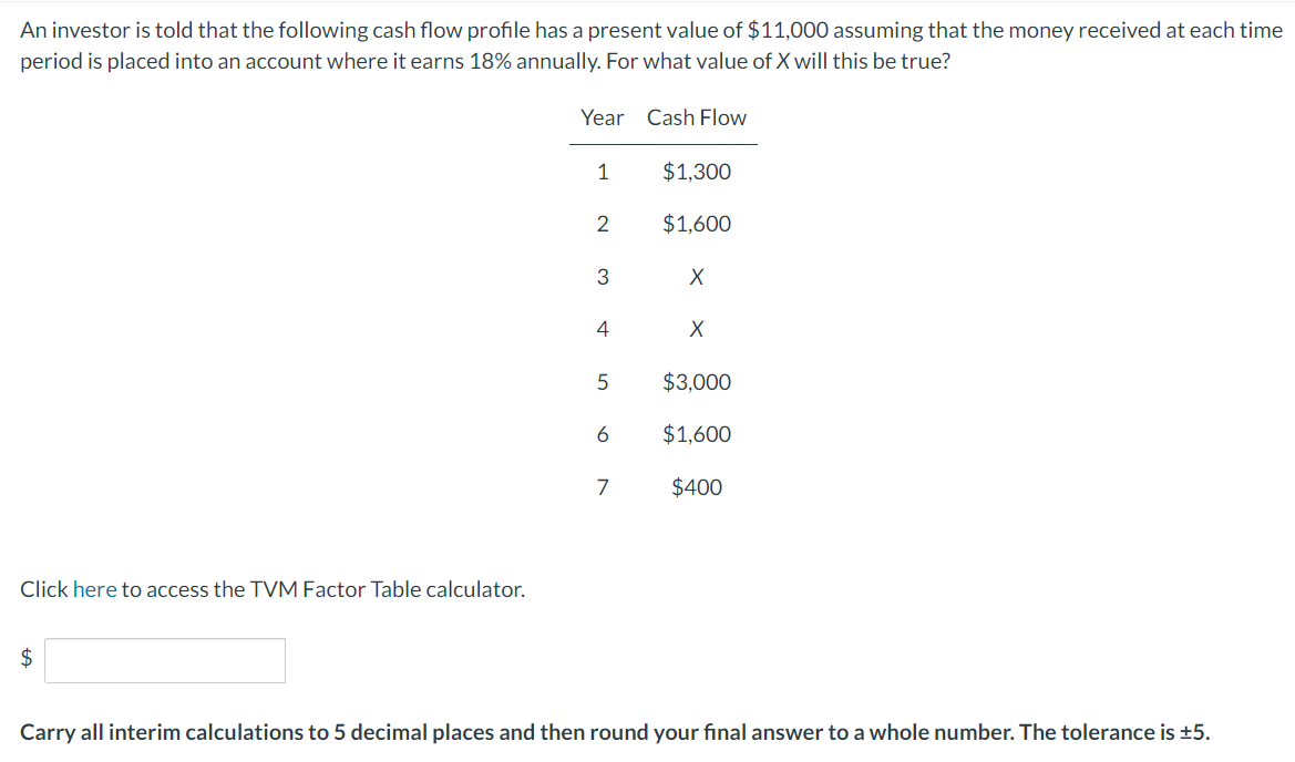 An investor is told that the following cash flow profile has a present value of $11,000 assuming that the money received at each time
period is placed into an account where it earns 18% annually. For what value of X will this be true?
Year Cash Flow
Click here to access the TVM Factor Table calculator.
$
1
2
3
4
5
6
7
$1,300
$1,600
X
X
$3,000
$1,600
$400
Carry all interim calculations to 5 decimal places and then round your final answer to a whole number. The tolerance is ±5.