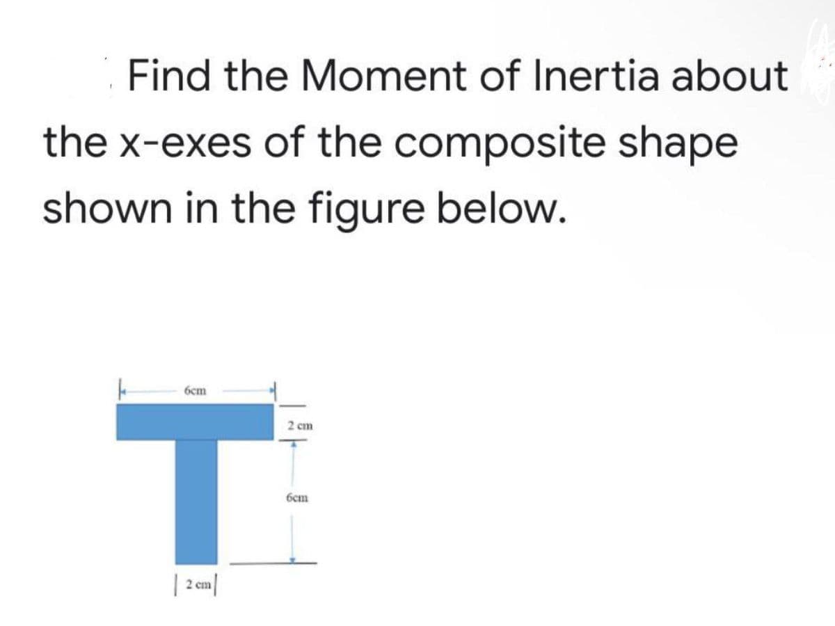 Find the Moment of Inertia about
the x-exes of the composite shape
shown in the figure below.
6cm
ㅏ
| 2cm/
2 cm
6cm