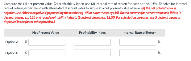 Compute the (1) net present value, (2) profitability index, and (3) internal rate of return for each option. (Hint: To solve for internal
rate of return, experiment with alternative discount rates to arrive at a net present value of zero.) (If the net present value is
negative, use either a negative sign preceding the number eg -45 or parentheses eg (45). Round answers for present value and IRR to 0
decimal places, e.g. 125 and round profitability index to 2 decimal places, e.g. 12.50. For calculation purposes, use 5 decimal places as
displayed in the factor table provided.)
Option A
Option B
$
$
Net Present Value
Profitability Index
Internal Rate of Return
%
%