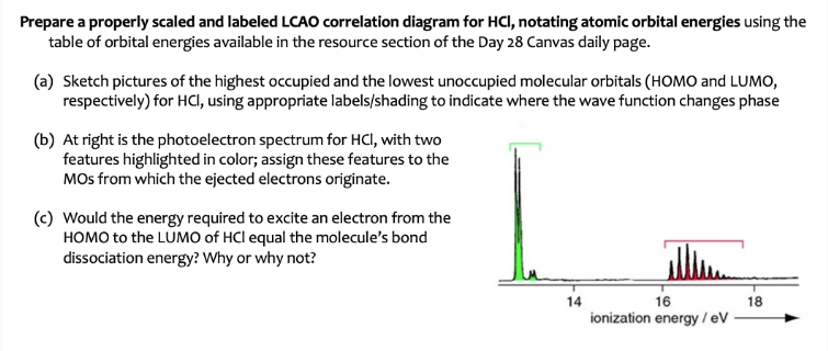 Prepare a properly scaled and labeled LCAO correlation diagram for HCI, notating atomic orbital energies using the
table of orbital energies available in the resource section of the Day 28 Canvas daily page.
(a) Sketch pictures of the highest occupied and the lowest unoccupied molecular orbitals (HOMO and LUMO,
respectively) for HCl, using appropriate labels/shading to indicate where the wave function changes phase
(b) At right is the photoelectron spectrum for HCI, with two
features highlighted in color; assign these features to the
MOs from which the ejected electrons originate.
(c) Would the energy required to excite an electron from the
HOMO to the LUMO of HCI equal the molecule's bond
dissociation energy? Why or why not?
14
16
ionization energy/eV
18