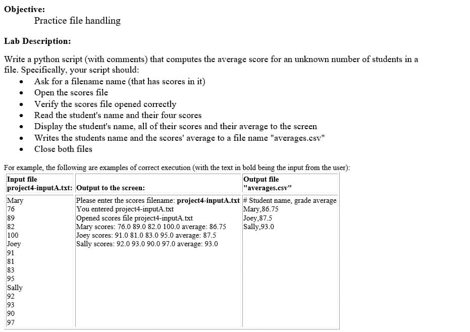 Objective:
Practice file handling
Lab Description:
Write a python script (with comments) that computes the average score for an unknown number of students in a
file. Specifically, your script should:
Ask for a filename name (that has scores in it)
Open the scores file
Verify the scores file opened correctly
Read the student's name and their four scores
Display the student's name, all of their scores and their average to the screen
Writes the students name and the scores' average to a file name "averages.csv"
Close both files
For example, the following are examples of correct execution (with the text in bold being the input from the user):
Input file
project4-inputA.txt: Output to the screen:
Output file
"averages.csv"
Мary
76
89
82
100
Joey
Please enter the scores filename: project4-inputA.txt # Student name, grade average
You entered project4-inputA.txt
Opened scores file project4-inputA.txt
Mary scores: 76.0 89.0 82.0 100.0 average: 86.75
Joey scores: 91.0 81.0 83.0 95.0 average: 87.5
Sally scores: 92.0 93.0 90.0 97.0 average: 93.0
Mary,86.75
Joey,87.5
Sally,93.0
91
81
83
95
Sally
92
93
90
97
