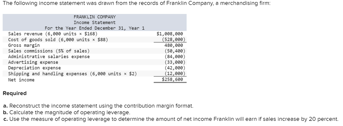 The following income statement was drawn from the records of Franklin Company, a merchandising firm:
FRANKLIN COMPANY
Income Statement
For the Year Ended December 31, Year 1
Sales revenue (6,000 units × $168)
Cost of goods sold (6,000 units × $88)
Gross margin
Sales commissions (5% of sales)
Administrative salaries expense
Advertising expense
Depreciation expense
Shipping and handling expenses (6,000 units × $2)
Net income
Required
$1,008,000
(528,000)
480,000
(50,400)
(84,000)
(33,000)
(42,000)
(12,000)
$258,600
a. Reconstruct the income statement using the contribution margin format.
b. Calculate the magnitude of operating leverage.
c. Use the measure of operating leverage to determine the amount of net income Franklin will earn if sales increase by 20 percent.