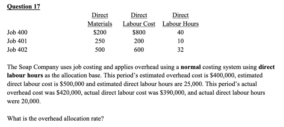 Question 17
Job 400
Job 401
Job 402
Direct
Materials
$200
250
500
Direct
Labour Cost
$800
200
600
What is the overhead allocation rate?
Direct
Labour Hours
40
10
32
The Soap Company uses job costing and applies overhead using a normal costing system using direct
labour hours as the allocation base. This period's estimated overhead cost is $400,000, estimated
direct labour cost is $500,000 and estimated direct labour hours are 25,000. This period's actual
overhead cost was $420,000, actual direct labour cost was $390,000, and actual direct labour hours
were 20,000.