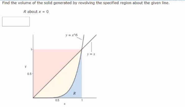 Find the volume of the solid generated by revolving the specified region about the given line.
R about x = 0
y =x
0.-
0.5
