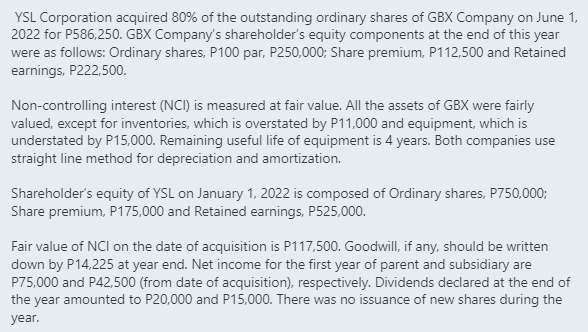 YSL Corporation acquired 80% of the outstanding ordinary shares of GBX Company on June 1,
2022 for P586,250. GBX Company's shareholder's equity components at the end of this year
were as follows: Ordinary shares, P100 par, P250,000; Share premium, P112,500 and Retained
earnings, P222,500.
Non-controlling interest (NCI) is measured at fair value. All the assets of GBX were fairly
valued, except for inventories, which is overstated by P11,000 and equipment, which is
understated by P15,000. Remaining useful life of equipment is 4 years. Both companies use
straight line method for depreciation and amortization.
Shareholder's equity of YSL on January 1, 2022 is composed of Ordinary shares, P750,000;
Share premium, P175,000 and Retained earnings, P525,000.
Fair value of NCI on the date of acquisition is P117,500. Goodwill, if any, should be written
down by P14,225 at year end. Net income for the first year of parent and subsidiary are
P75,000 and P42,500 (from date of acquisition), respectively. Dividends declared at the end of
the year amounted to P20,000 and P15,000. There was no issuance of new shares during the
year.
