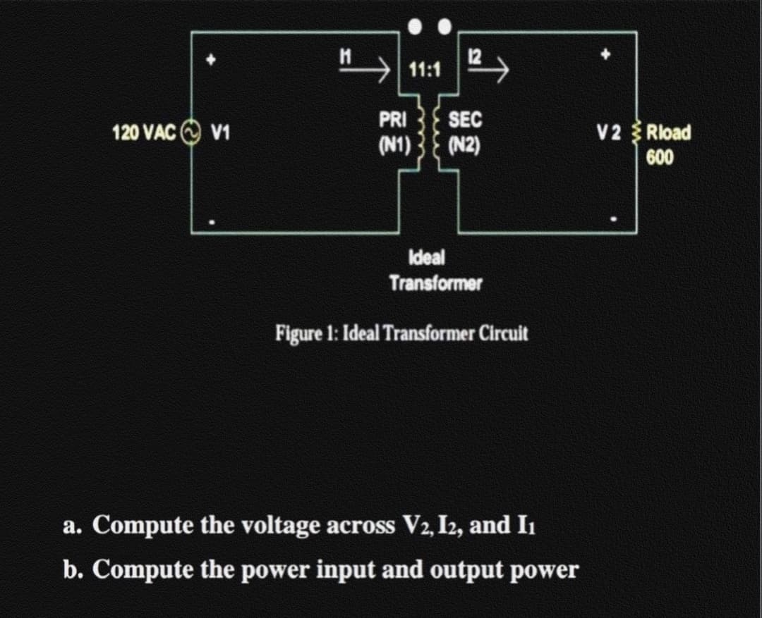 12
11:1
PRI
SEC
120 VAC O V1
V2 Rload
600
(N1)
(N2)
Ideal
Transformer
Figure 1: Ideal Transformer Circuit
a. Compute the voltage across V2, I2, and I1
b. Compute the power input and output power

