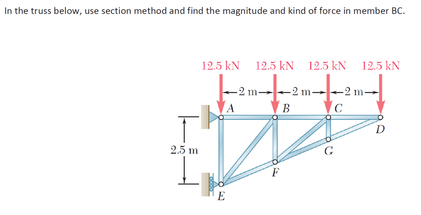 In the truss below, use section method and find the magnitude and kind of force in member BC.
12.5 kN
12.5 kN 12.5 kN 12.5 kN
-2 m-
-2 m-
-2 m→
A
В
C
D
2.5 m
G
F
E

