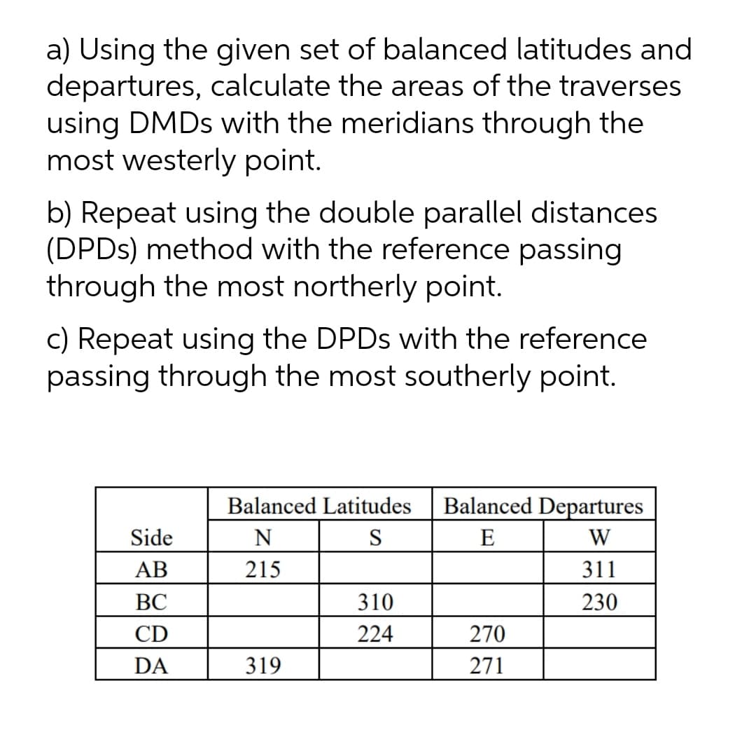 a) Using the given set of balanced latitudes and
departures, calculate the areas of the traverses
using DMDS with the meridians through the
most westerly point.
b) Repeat using the double parallel distances
(DPDS) method with the reference passing
through the most northerly point.
c) Repeat using the DPDS with the reference
passing through the most southerly point.
Balanced Latitudes
Balanced Departures
Side
N
S
E
W
АВ
215
311
ВС
310
230
CD
224
270
DA
319
271

