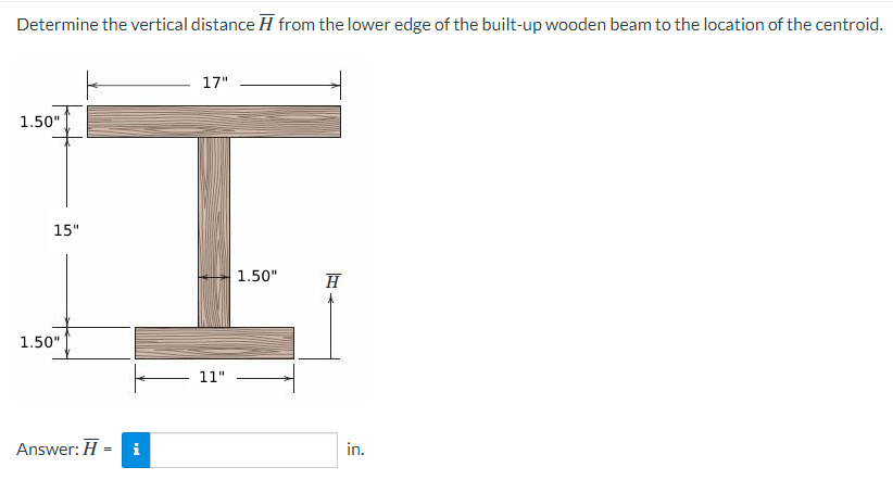 Determine the vertical distance H from the lower edge of the built-up wooden beam to the location of the centroid.
17"
1.50"
15"
1.50"
1.50"
11"
Answer: H =
i
in.
