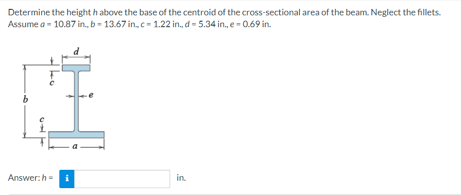 Determine the height h above the base of the centroid of the cross-sectional area of the beam. Neglect the fillets.
Assume a = 10.87 in., b = 13.67 in., c = 1.22 in., d = 5.34 in., e = 0.69 in.
d
Answer: h =
i
in.
