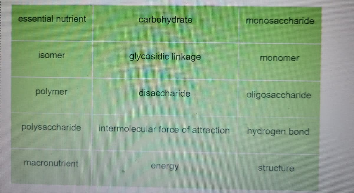 essential nutrient
carbohydrate
monosaccharide
isomer
glycosidic linkage
monomer
polymer
disaccharide
oligosaccharide
polysaccharide
intermolecular force of attraction
hydrogen bond
macronutrient
energy
structure

