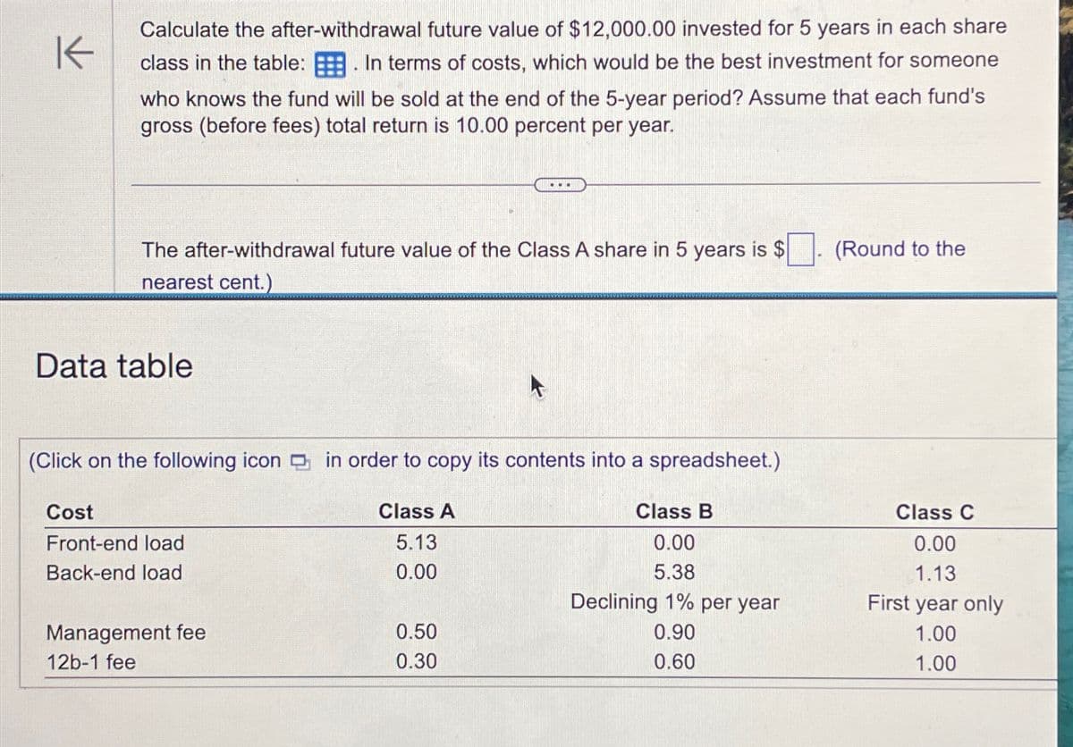 K
Calculate the after-withdrawal future value of $12,000.00 invested for 5 years in each share
class in the table: In terms of costs, which would be the best investment for someone
who knows the fund will be sold at the end of the 5-year period? Assume that each fund's
gross (before fees) total return is 10.00 percent per year.
The after-withdrawal future value of the Class A share in 5 years is $
nearest cent.)
Data table
(Round to the
(Click on the following icon in order to copy its contents into a spreadsheet.)
Cost
Class A
Front-end load
5.13
Back-end load
0.00
Class B
0.00
5.38
Class C
0.00
1.13
Declining 1% per year
First year only
Management fee
0.50
0.90
1.00
12b-1 fee
0.30
0.60
1.00
