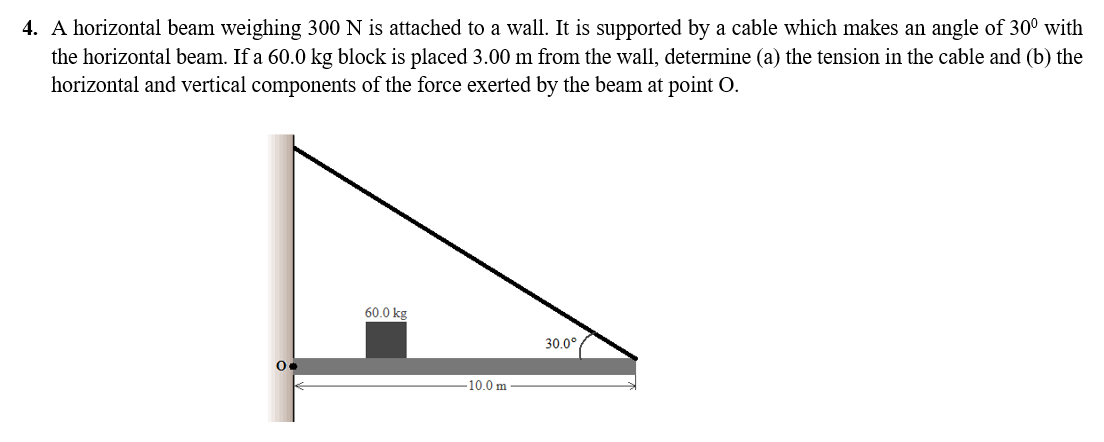 4. A horizontal beam weighing 300 N is attached to a wall. It is supported by a cable which makes an angle of 30° with
the horizontal beam. If a 60.0 kg block is placed 3.00 m from the wall, determine (a) the tension in the cable and (b) the
horizontal and vertical components of the force exerted by the beam at point O.
60.0 kg
30.0°
-10.0 m -
