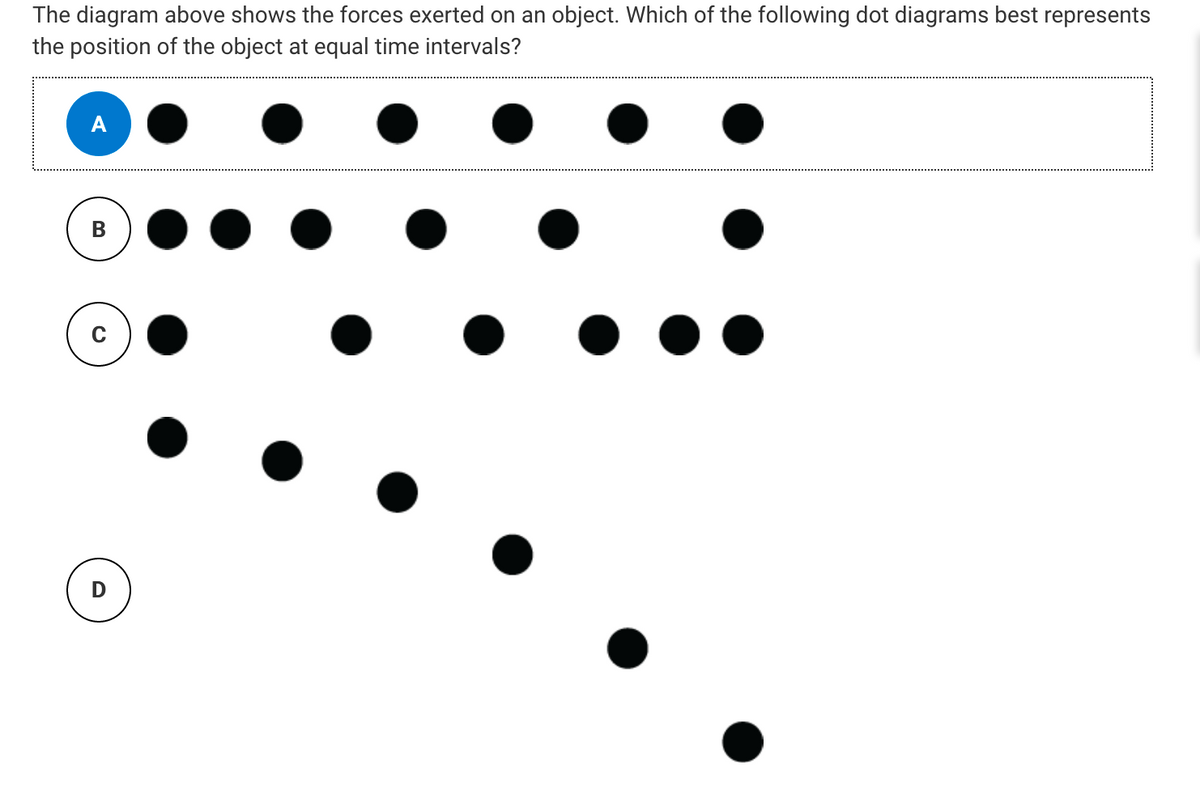 The diagram above shows the forces exerted on an object. Which of the following dot diagrams best represents
the position of the object at equal time intervals?
A
В

