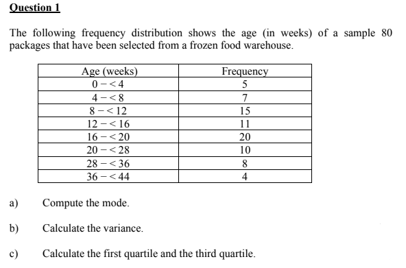 Question 1
The following frequency distribution shows the age (in weeks) of a sample 80
packages that have been selected from a frozen food warehouse.
Age (weeks)
0-<4
Frequency
5
4 - < 8
8 - < 12
12 - < 16
16 -< 20
20 - < 28
28 - < 36
36 - < 44
7
15
11
20
10
8
4
a)
Compute the mode.
b)
Calculate the variance.
c)
Calculate the first quartile and the third quartile.
