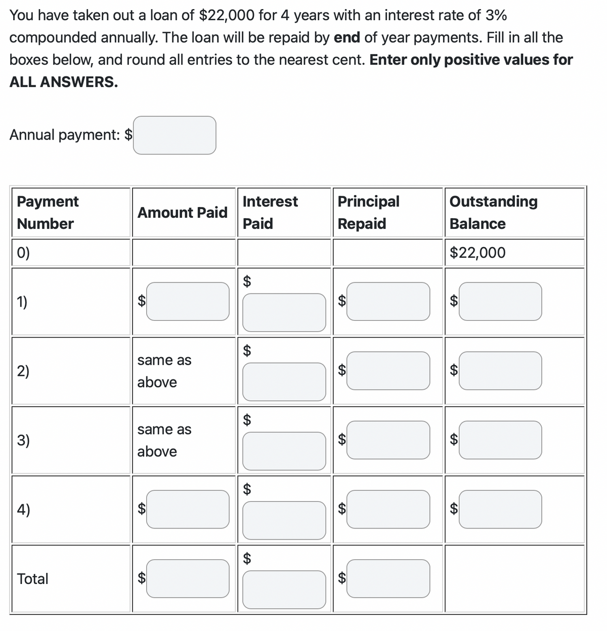 You have taken out a loan of $22,000 for 4 years with an interest rate of 3%
compounded annually. The loan will be repaid by end of year payments. Fill in all the
boxes below, and round all entries to the nearest cent. Enter only positive values for
ALL ANSWERS.
Annual payment: $
Payment
Number
0)
1)
2)
3)
4)
Total
Amount Paid
SA
same as
above
same as
above
A
A
Interest
Paid
EA
A
Principal
Repaid
A
A
SA
A
A
Outstanding
Balance
$22,000
$
00
000
A
A