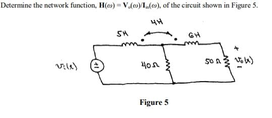 Determine the network function, H(@) = V (@)/ In (), of the circuit shown in Figure 5.
Vile)
нн
SH
6H
40n
Figure 5
5or 3 ok)