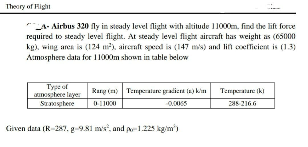 Theory of Flight
A- Airbus 320 fly in steady level flight with altitude 11000m, find the lift force
required to steady level flight. At steady level flight aircraft has weight as (65000
kg), wing area is (124 m?), aircraft speed is (147 m/s) and lift coefficient is (1.3)
Atmosphere data for 11000m shown in table below
Туре of
atmosphere layer
Stratosphere
Rang (m) Temperature gradient (a) k/m
Temperature (k)
0-11000
-0.0065
288-216.6
Given data (R=287, g=9.81 m/s?, and po=1.225 kg/m³)
