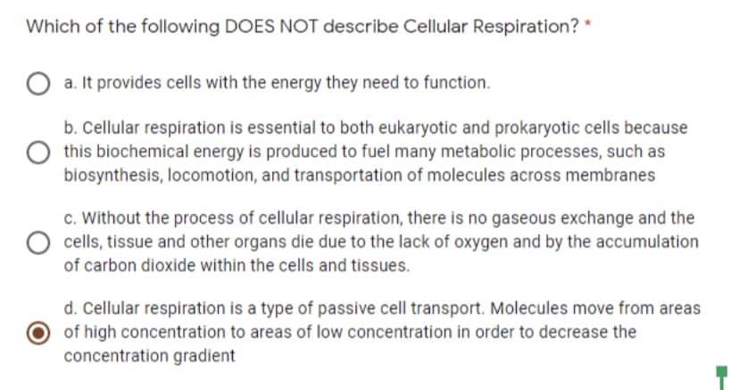 Which of the following DOES NOT describe Cellular Respiration? *
a. It provides cells with the energy they need to function.
b. Cellular respiration is essential to both eukaryotic and prokaryotic cells because
this biochemical energy is produced to fuel many metabolic processes, such as
biosynthesis, locomotion, and transportation of molecules across membranes
c. Without the process of cellular respiration, there is no gaseous exchange and the
cells, tissue and other organs die due to the lack of oxygen and by the accumulation
of carbon dioxide within the cells and tissues.
d. Cellular respiration is a type of passive cell transport. Molecules move from areas
O of high concentration to areas of low concentration in order to decrease the
concentration gradient
