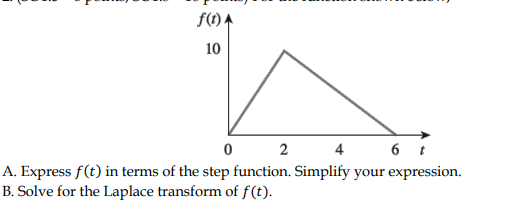f(1) A
10
2
4 6 t
A. Express f(t) in terms of the step function. Simplify your expression.
B. Solve for the Laplace transform of f(t).
