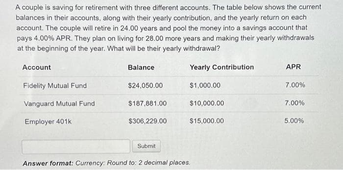 A couple is saving for retirement with three different accounts. The table below shows the current
balances in their accounts, along with their yearly contribution, and the yearly return on each
account. The couple will retire in 24.00 years and pool the money into a savings account that
pays 4.00% APR. They plan on living for 28.00 more years and making their yearly withdrawals
at the beginning of the year. What will be their yearly withdrawal?
Yearly Contribution
$1,000.00
$10,000.00
$15,000.00
Account
Fidelity Mutual Fund
Vanguard Mutual Fund
Employer 401k
Balance
$24,050.00
$187,881.00
$306,229.00
Submit
Answer format: Currency: Round to: 2 decimal places.
APR
7.00%
7.00%
5.00%