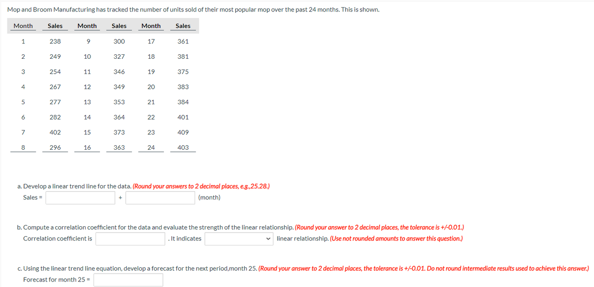 Mop and Broom Manufacturing has tracked the number of units sold of their most popular mop over the past 24 months. This is shown.
Month
1
2
3
4
5
6
7
8
Sales Month
238
249
254
267
277
282
402
296
9
10
11
12
13
14
15
16
Sales
300
327
346
349
353
364
373
363
Month
+
17
18
19
20
21
22
23
24
Sales
361
381
375
383
384
401
409
403
a. Develop a linear trend line for the data. (Round your answers to 2 decimal places, e.g.,25.28.)
Sales =
(month)
b. Compute a correlation coefficient for the data and evaluate the strength of the linear relationship. (Round your answer to 2 decimal places, the tolerance is +/-0.01.)
Correlation coefficient is
. It indicates
linear relationship. (Use not rounded amounts to answer this question.)
c. Using the linear trend line equation, develop a forecast for the next period,month 25. (Round your answer to 2 decimal places, the tolerance is +/-0.01. Do not round intermediate results used to achieve this answer.)
Forecast for month 25 =