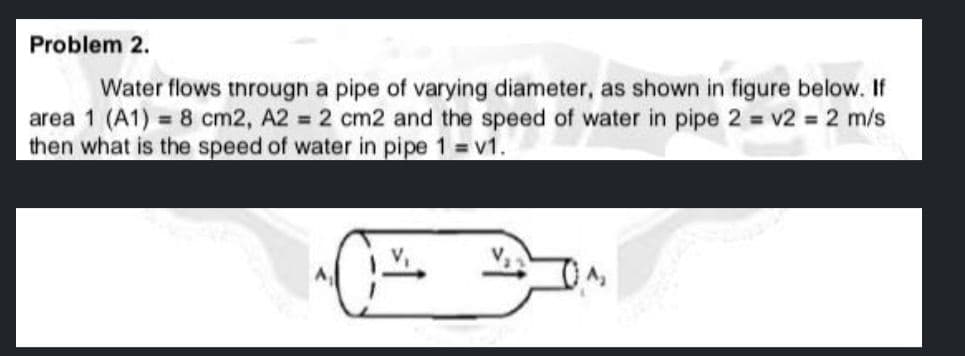 Problem 2.
Water flows througn a pipe of varying diameter, as shown in figure below. If
area 1 (A1) = 8 cm2, A2 2 cm2 and the speed of water in pipe 2 = v2 = 2 m/s
then what is the speed of water in pipe 1 = v1.
%3D
