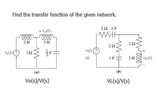 vi(t)
Find the transfer function of the given network.
0000
2 H
+ Vo(t)-
0000
3 H
F
(a)
Vo(s)/Vi(s)
202 IF
MIE
ΖΩ.
1 F
202
2 H
(b)
VL(s)/V(s)
VL(1)