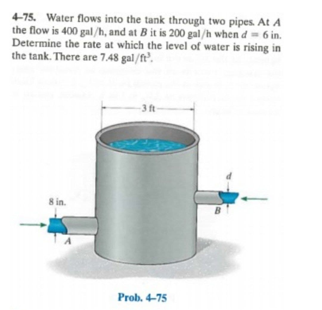 4-75. Water flows into the tank through two pipes. At A
the flow is 400 gal/h, and at B it is 200 gal /h when d = 6 in.
Determine the rate at which the level of water is rising in
the tank. There are 7.48 gal/ft'.
-3 ft
8 in.
Prob. 4-75
