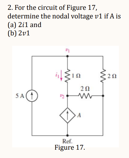 2. For the circuit of Figure 17,
determine the nodal voltage v1 if A is
(a) 2i1 and
(b) 2v1
5 A
21
it (in
10
22
202
ww
A
Ref.
Figure 17.
202