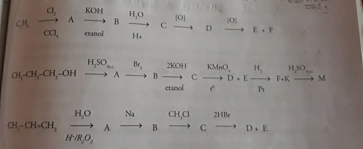 Cl,
КОН
H,O
(0]
C >
CH
D E + F
CI,
etanol
H+
H,SO Acc
Br,
2КОН
CH-CH,-CH,-OH
H,
C D + E F+K M
KMNO,
H,SO
A B-
etanol
t°
Pt
H,O
Na
CH,CI
B C → D+ E
2HB.
CH,-CH-CH,
H/R,O,
