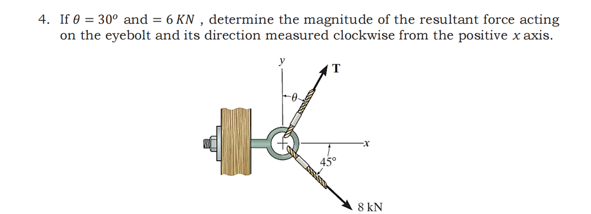 4. If 0 = 30° and = 6 KN , determine the magnitude of the resultant force acting
on the eyebolt and its direction measured clockwise from the positive x axis.
%3D
y
T
45°
8 kN
