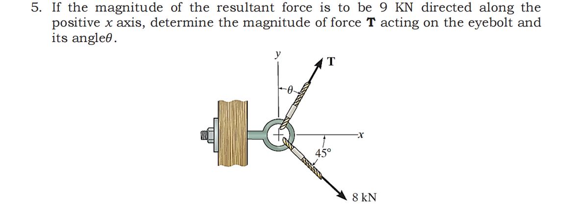 5. If the magnitude of the resultant force is to be 9 KN directed along the
positive x axis, determine the magnitude of force T acting on the eyebolt and
its angleð.
y
T
45°
8 kN
